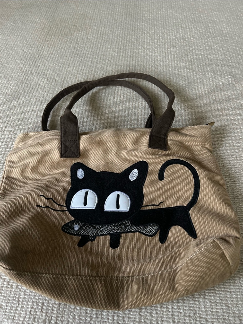Cat Canvas Tote Bag in Tan with Black Cat Design